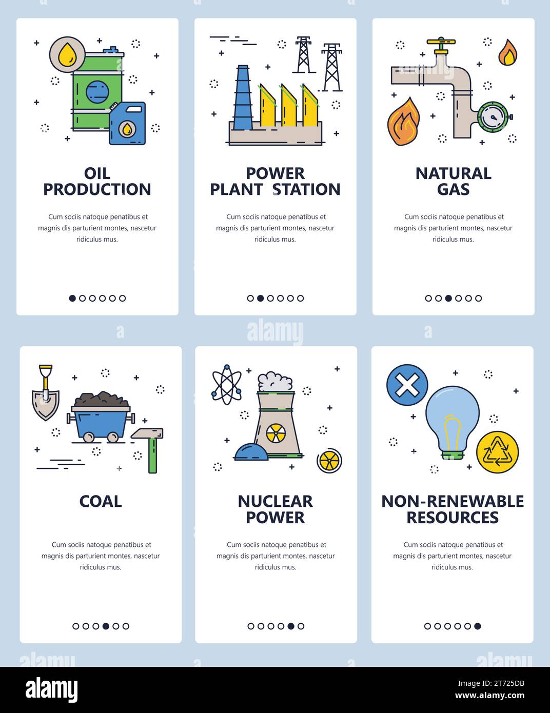 Vector web site linear art onboarding screens template. Energy sources