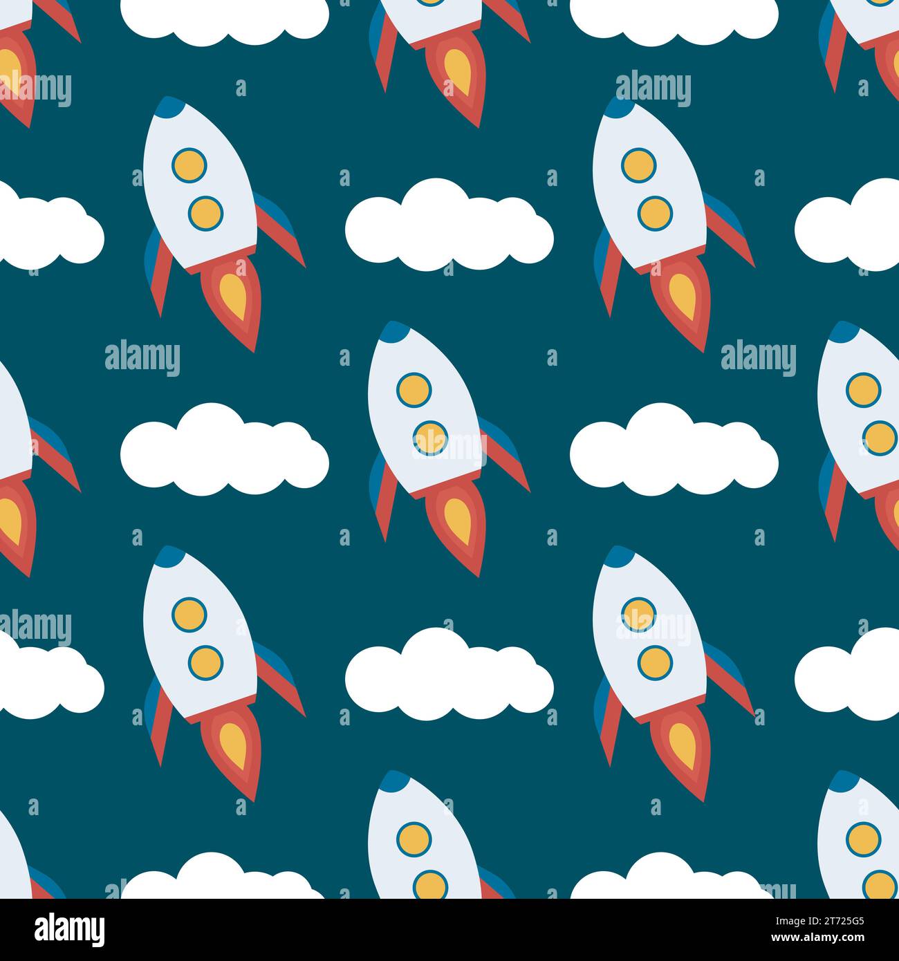 Rockets and clouds space seamless pattern. Baby space background. Print for baby textiles, clothing, packaging, wallpaper and design, vector Stock Vector
