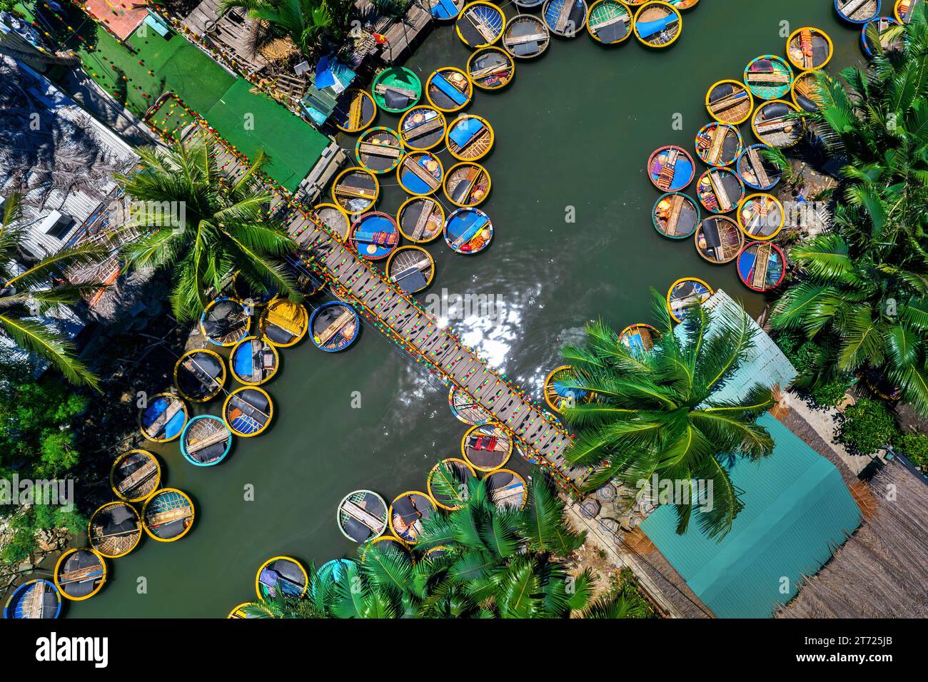 Bamboo basket boats on Thu Bon River, Coconut village eco tour in Hoi An, Vietnam. Stock Photo