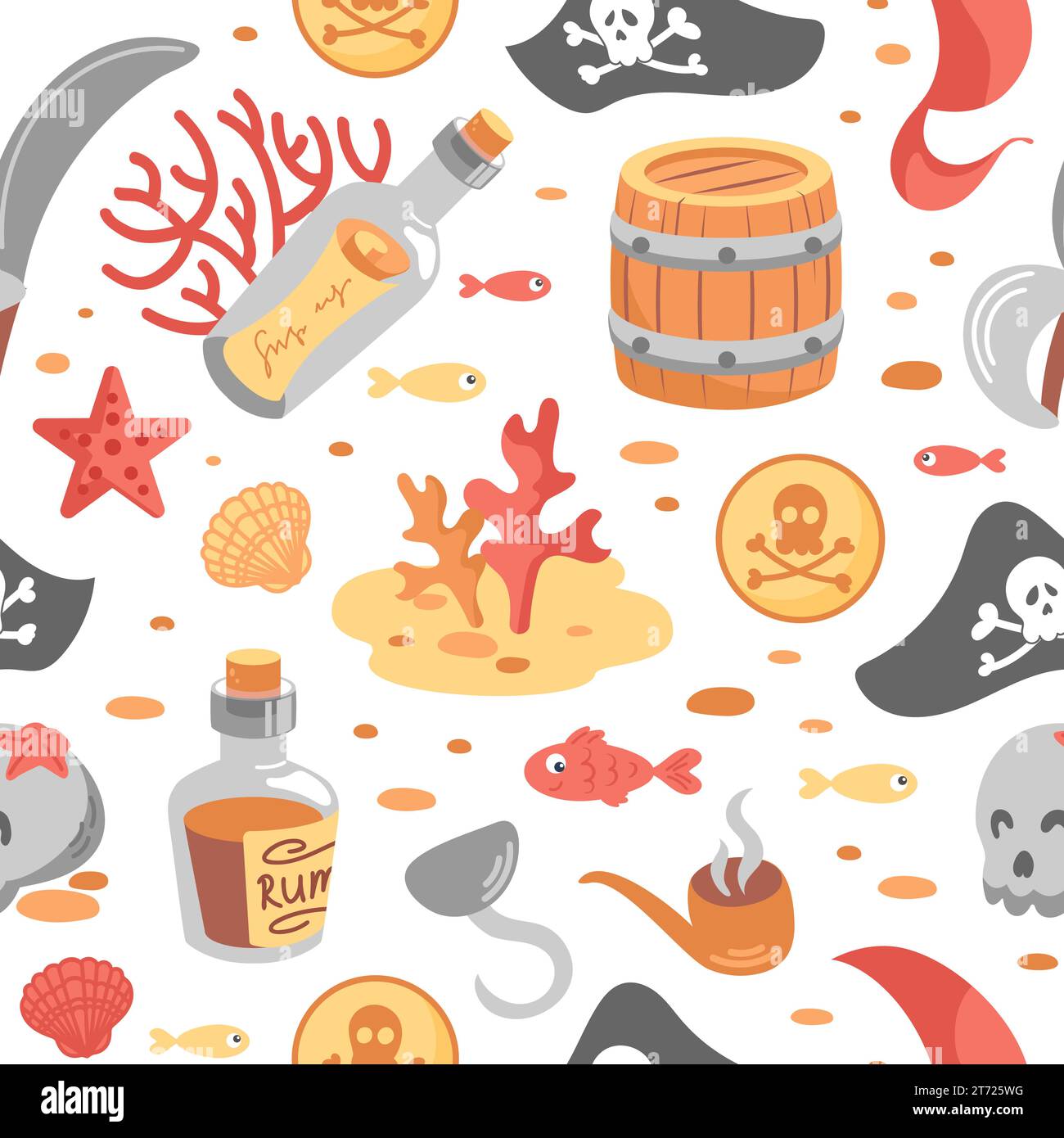 Childrens pirate seamless pattern. Hook and cocked hat, sailors saber, skull, barrel and starfish. Bottle, smoking pipe, gold doubloon, rum, coral. wa Stock Vector