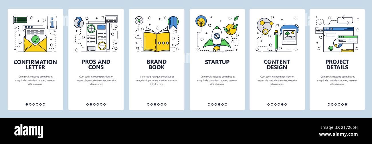 Web site onboarding screens. New project launch, pros and cons. Menu ...