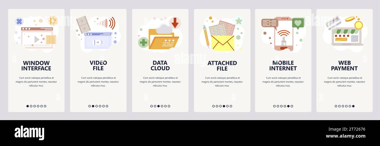 Web site onboarding screens. Data cloud sync, media files and mobile internet. Menu vector banner template for website and mobile app development. Mod Stock Vector