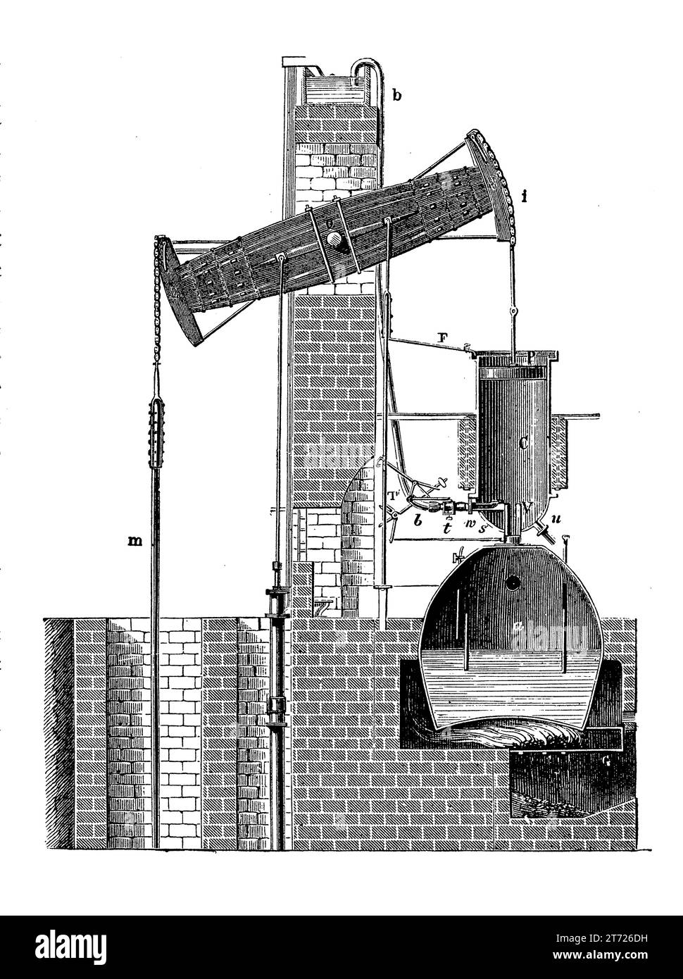 Atmospheric steam engine; invented by Thomas Newcomen in 1712 operating by condensing steam drawn into the cylinder to produce mechanical work; used principally to pump water out of mines Stock Photo