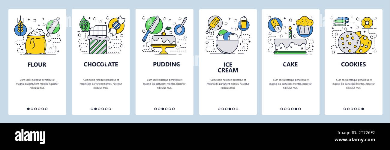  site onboarding screens. Bakery shop with sweet deserts. Menu
