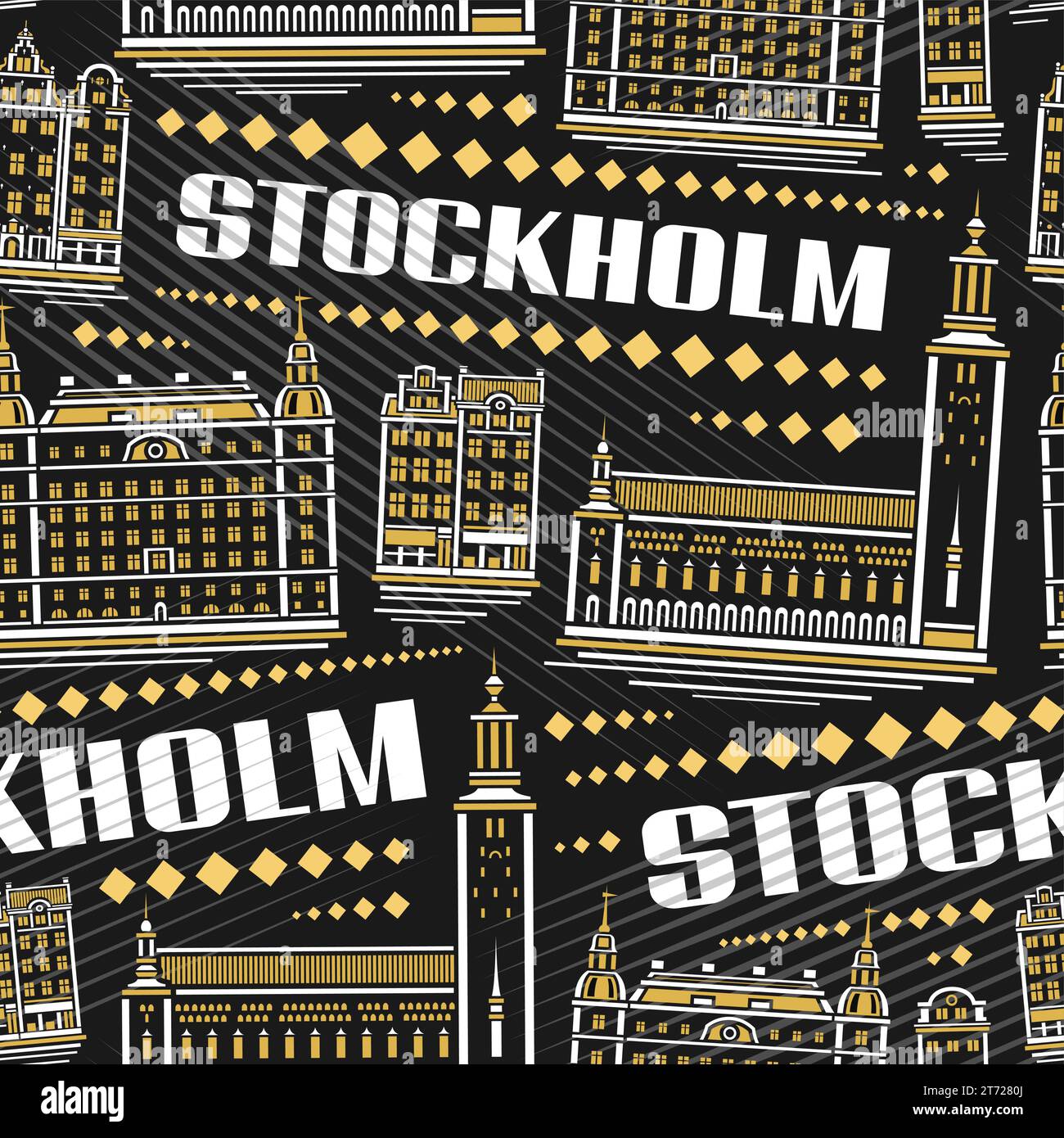 Vector Stockholm Seamless Pattern, square repeating background with illustration of famous european stockholm city scape on dark background, decorativ Stock Vector