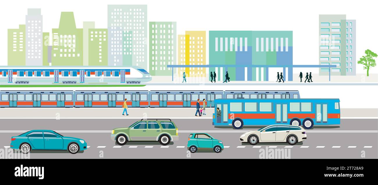 big city with road and rail traffic, Stock Vector