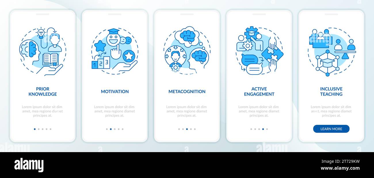 Walkthrough learning theories with blue line icons Stock Vector