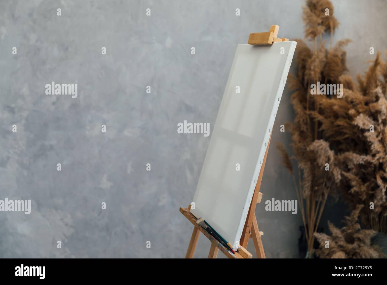 easel with white canvas stands on a gray background with brown flowers Stock Photo