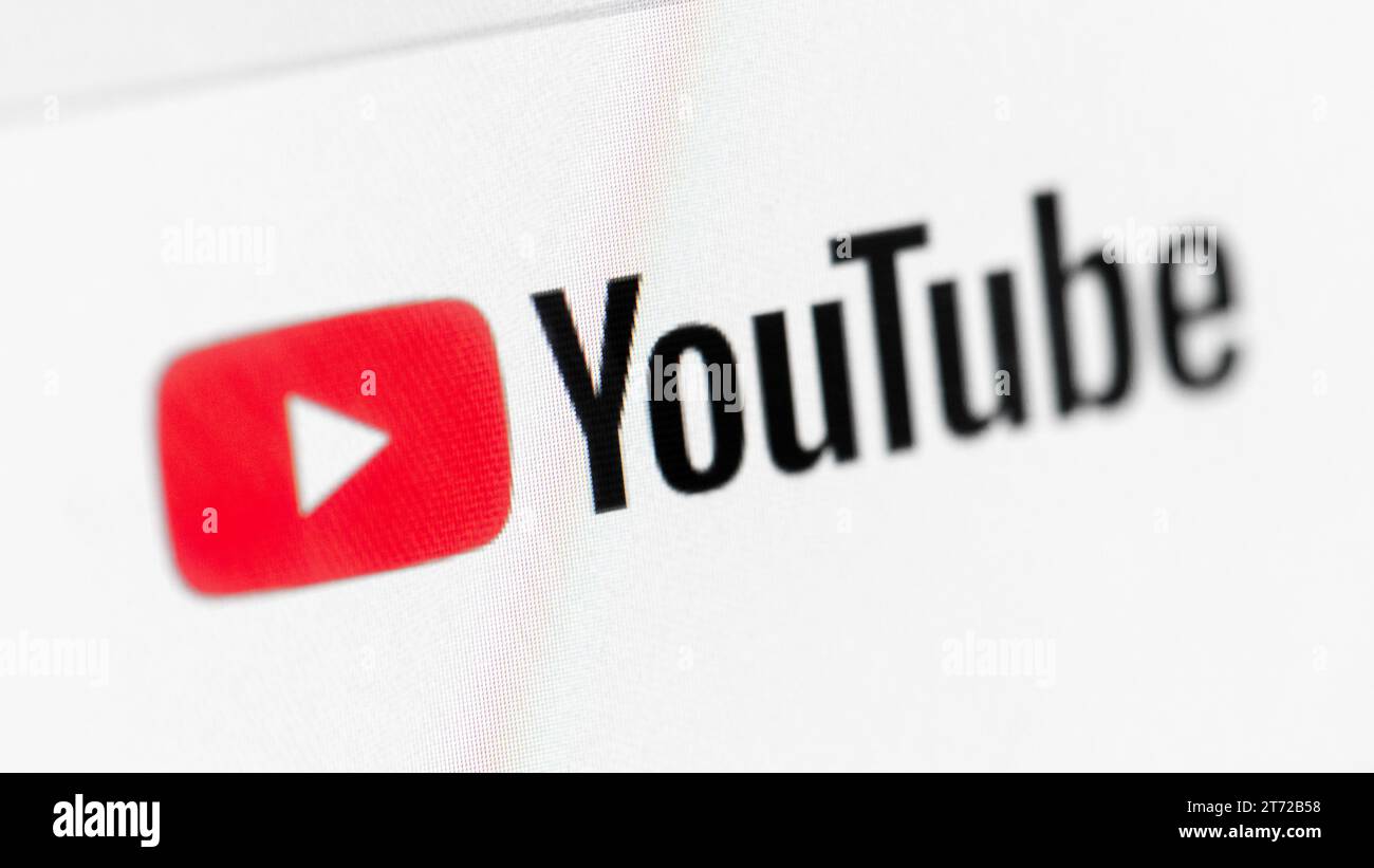 Close-up of the logo on the header of a YouTube web page. YouTube is a video hosting and sharing website and social media platform Stock Photo