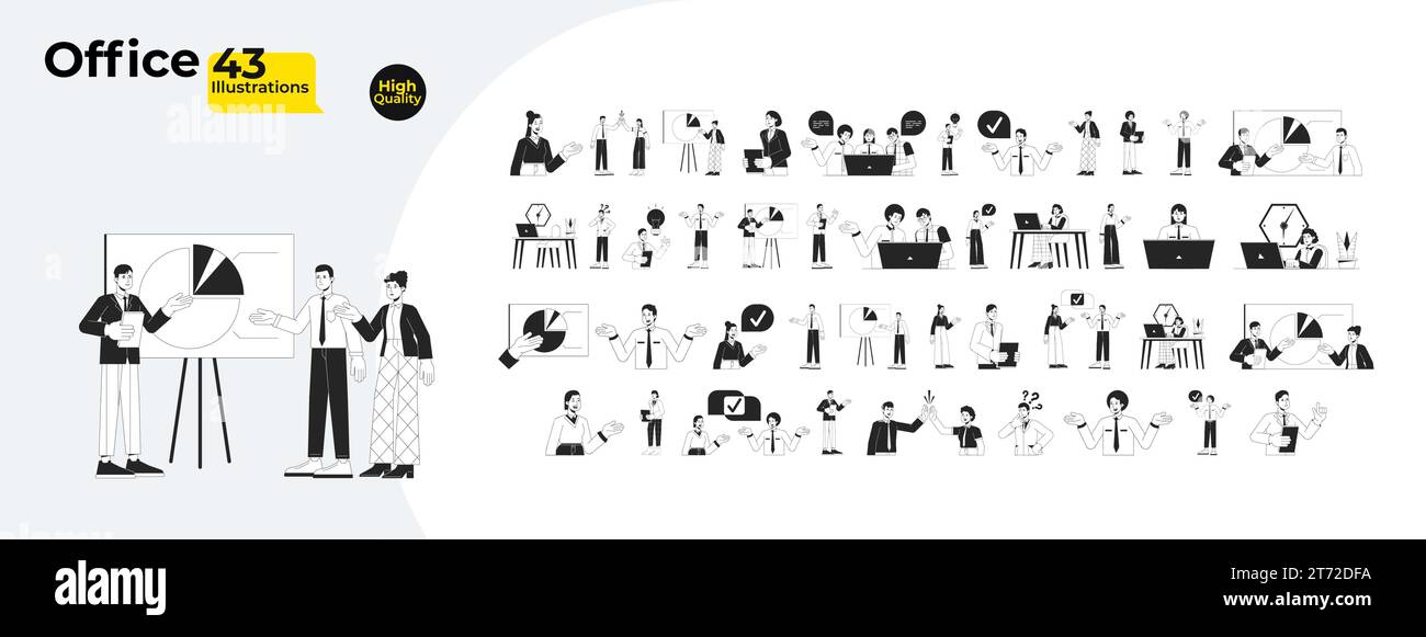 Multi-ethnic office workers black and white cartoon flat illustration bundle Stock Vector