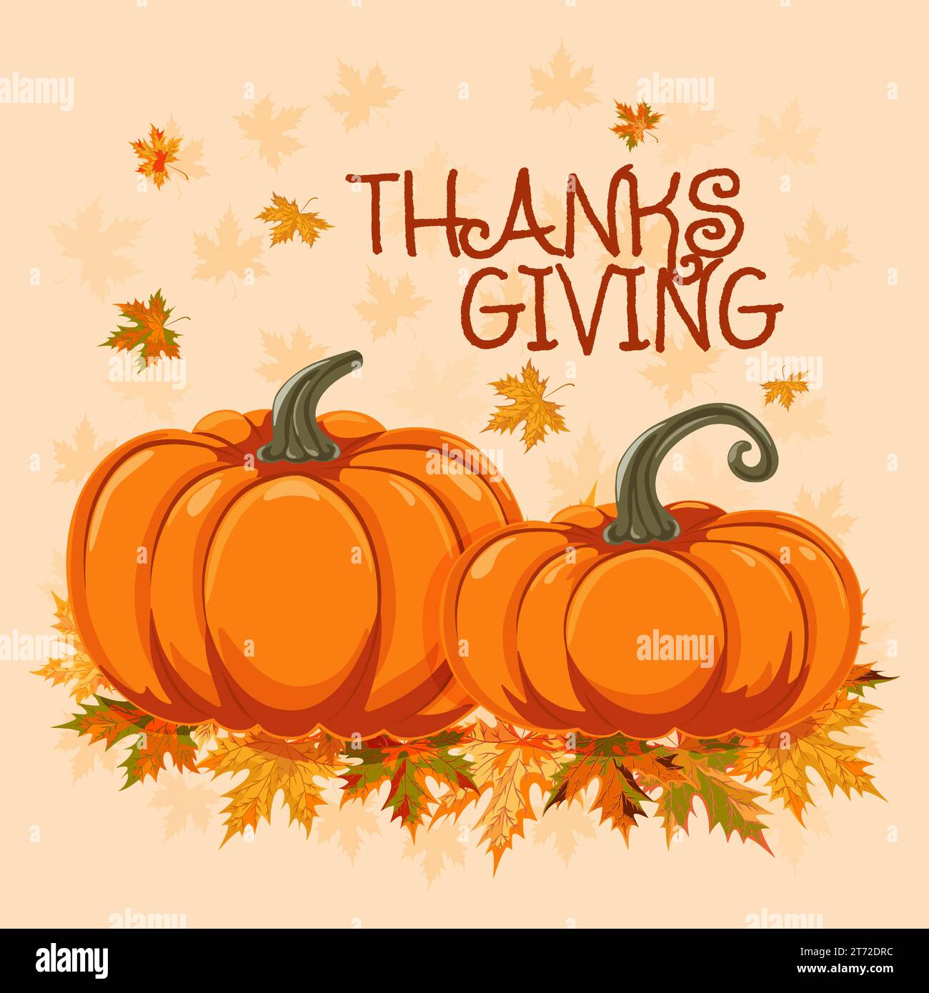 Greeting background with Thanksgiving symbols. Orange pumpkin, colorful