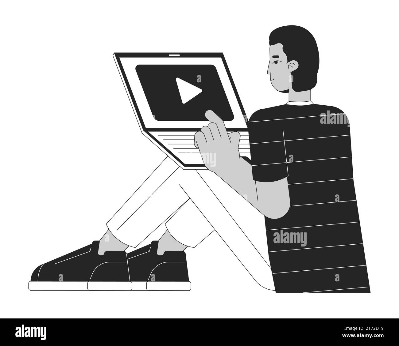 Watch Video Using A Computer Watching movies on laptop black and white cartoon flat illustration ...