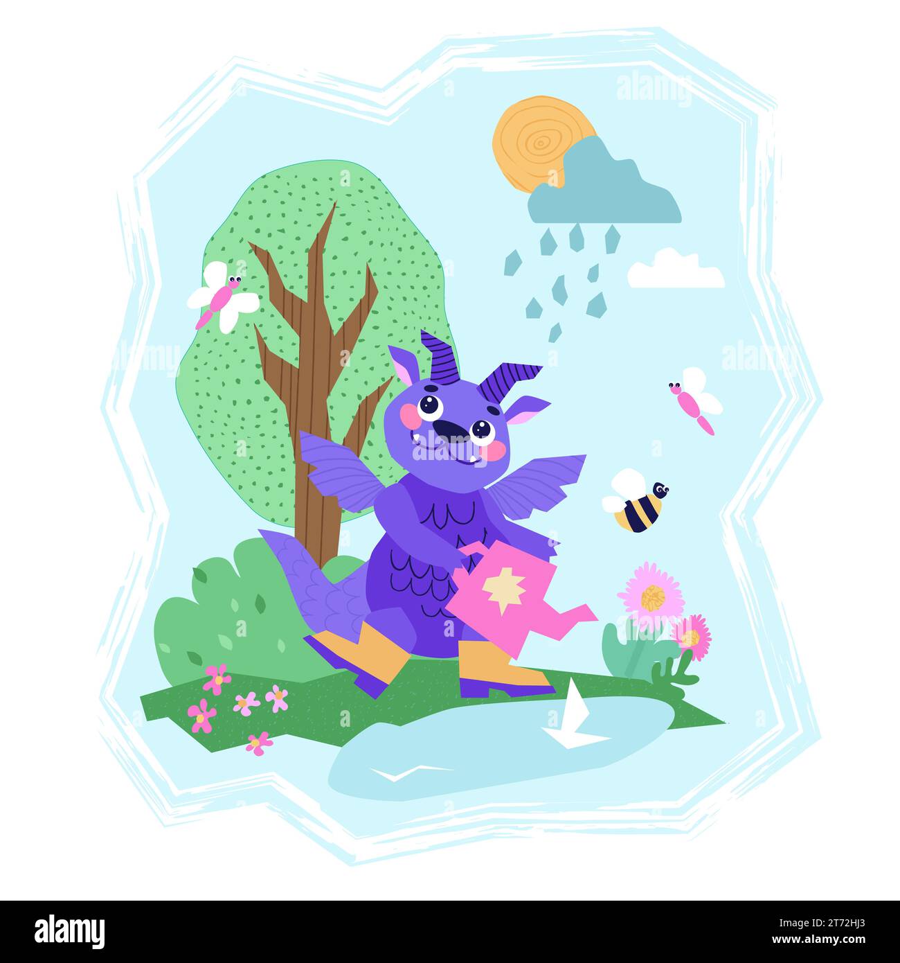 The dragon watering. A dragon watering a flower on the bank of a pond. Bee. Cute Dragon cartoon mascot character. Spring Summer season. Happy New Year Stock Vector