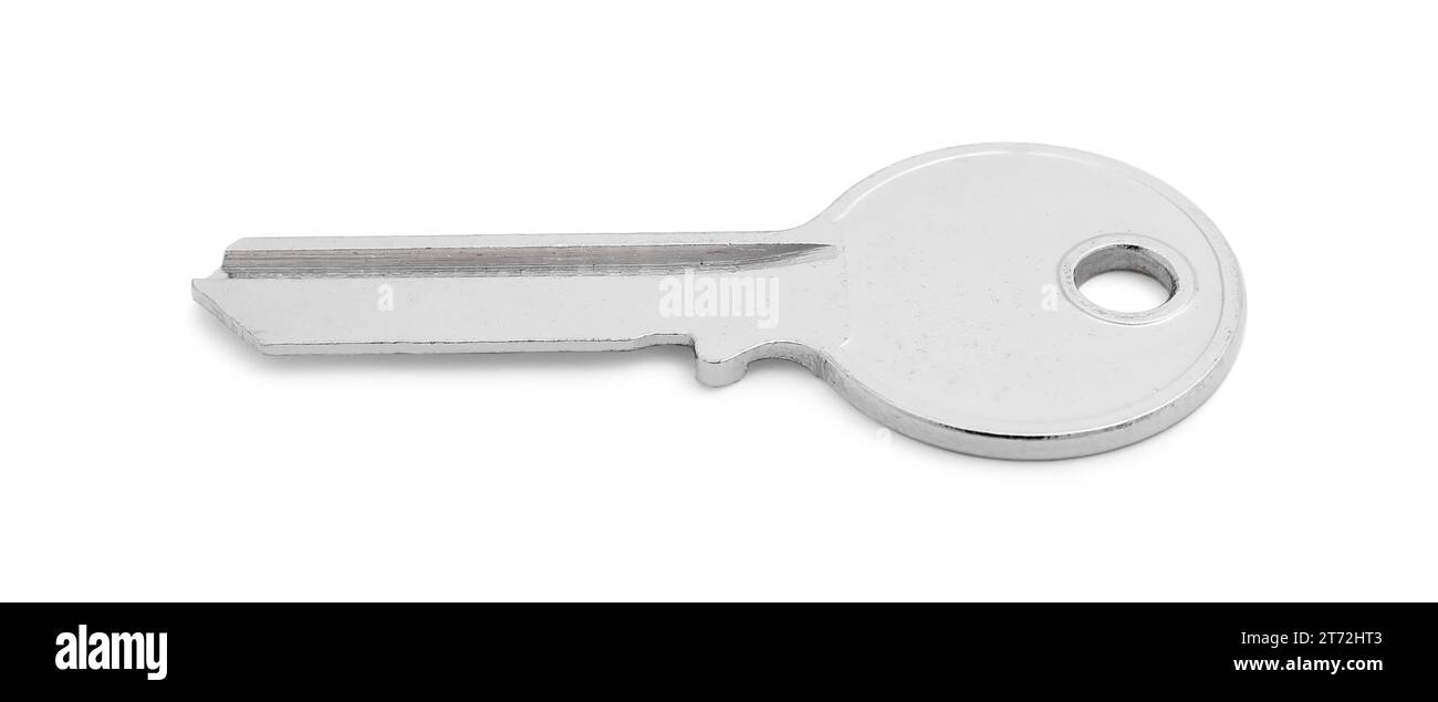 One metal door key isolated on white Stock Photo