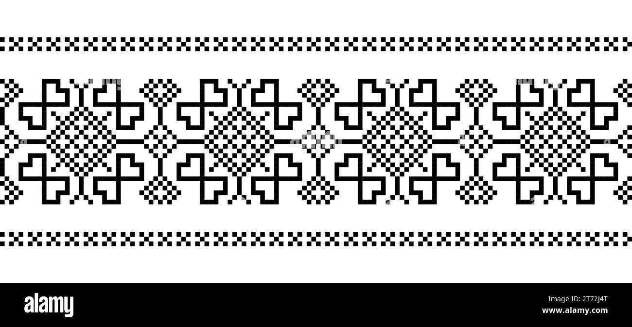 Ukrainian black cross stitch decorative pattern. Vector seamless border pattern, print. Ukrainian folk, ethnic ornament. Pixel art vyshyvanka, cross Stock Vector