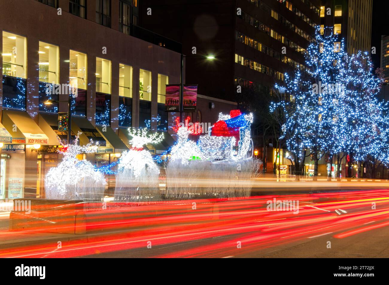 Toronto, Canada, Christmas lights in the intersection of College Street and Yonge Avenue in the downtown district. Stock Photo