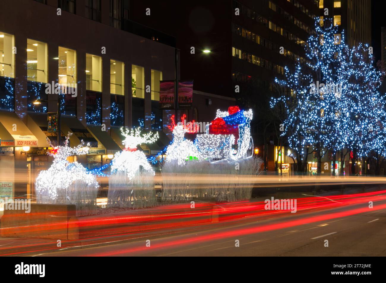 Toronto, Canada, Christmas lights in the intersection of College Street and Yonge Avenue in the downtown district. Stock Photo