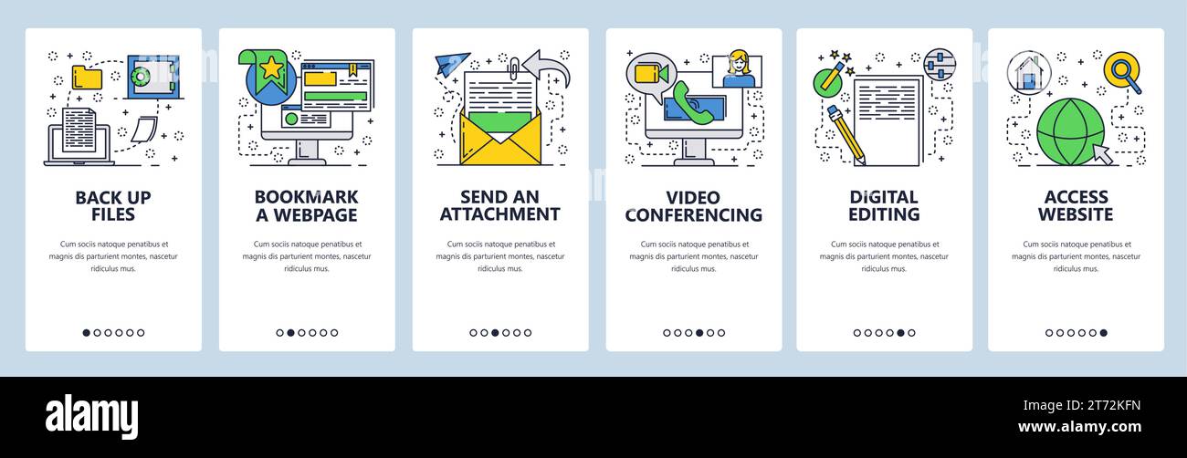 Web site onboarding screens. Files and computer services. Menu vector banner template for website and mobile app development. Modern design linear art Stock Vector