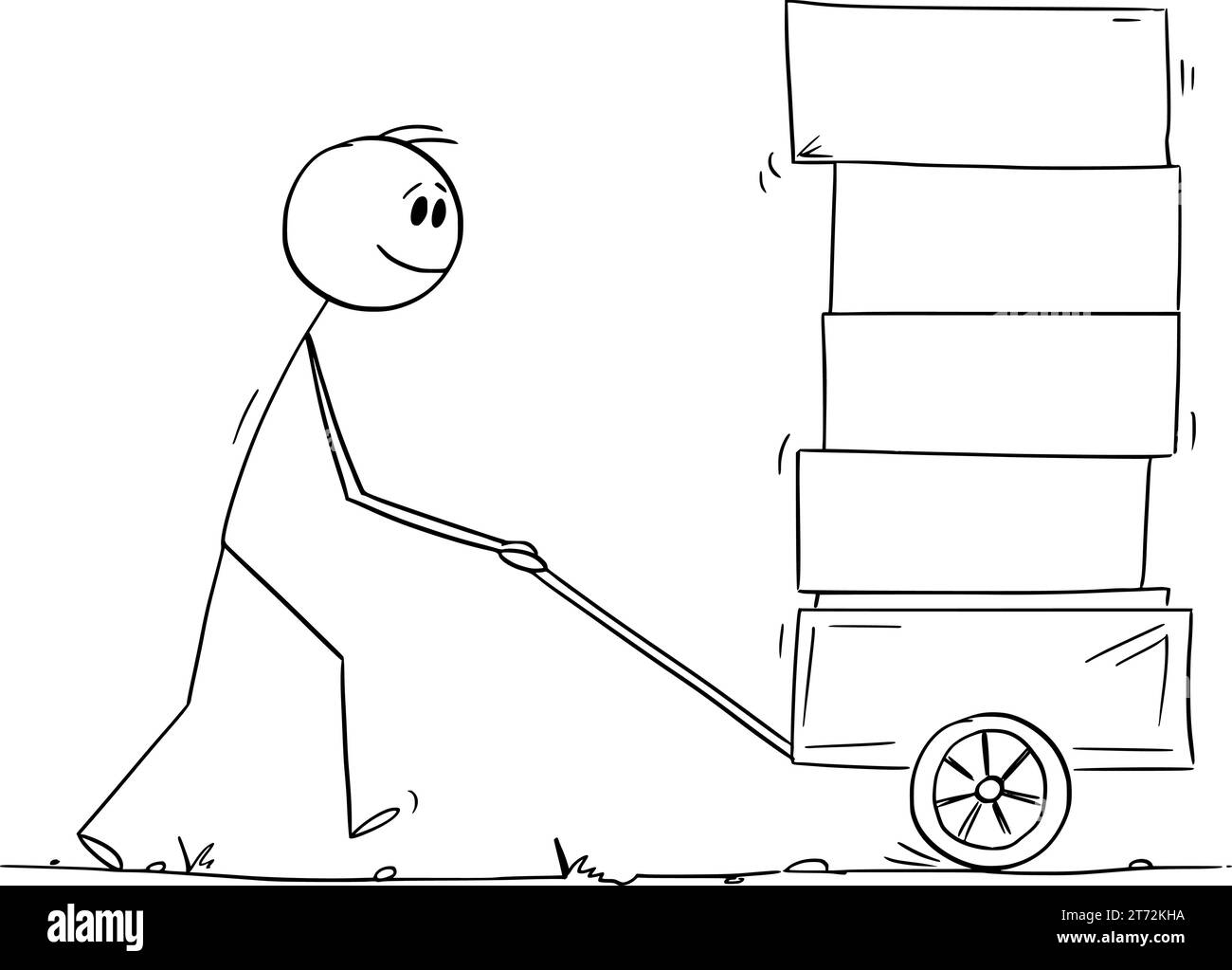 Person Pushing Cart with Boxes, Vector Cartoon Stick Figure ...