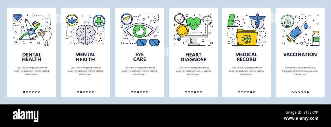 Web site onboarding screens. Medical checkup and body health, vaccination and medical records. Menu vector banner template for website and mobile app Stock Vector