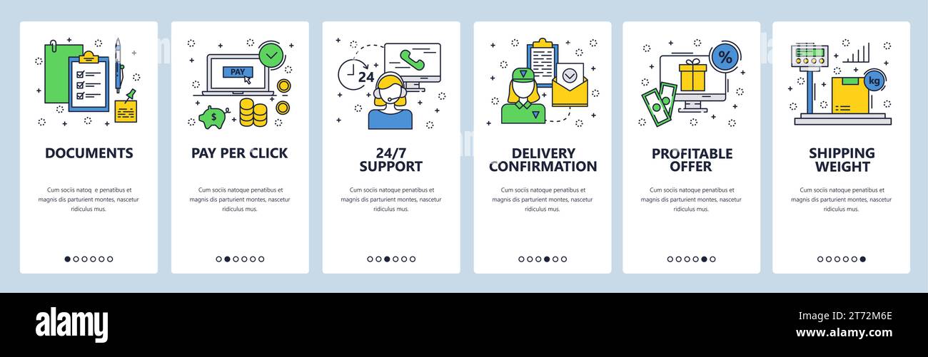 Web site onboarding screens. Online shopping, call center, advertising, shipping. Menu vector banner template for website and mobile app development. Stock Vector