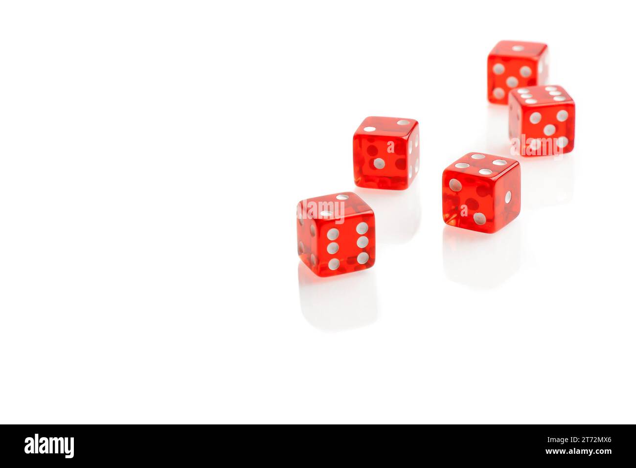 five red dices on white background Stock Photo