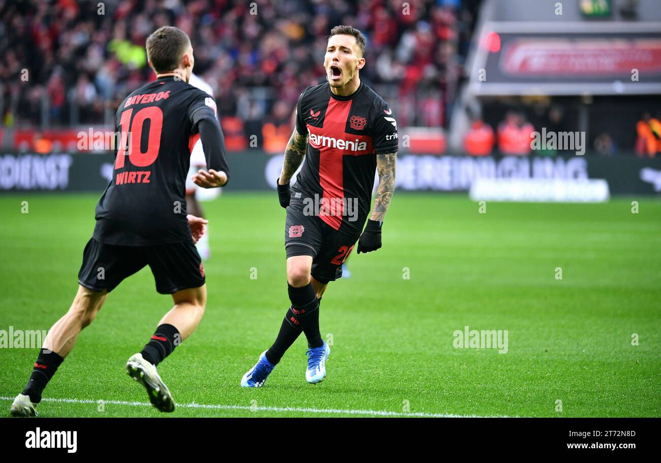Bundesliga, BayArena Leverkusen: Bayer Leverkusen vs FC Union Berlin; Alejandro Grimaldo (LEV) celebrates after scoring Stock Photo