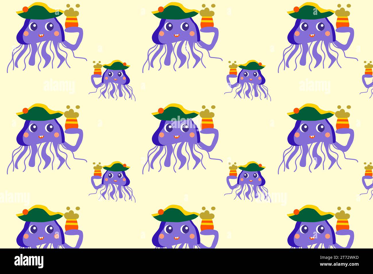 cute fish jellyfish in pirate hat - pattern Stock Vector