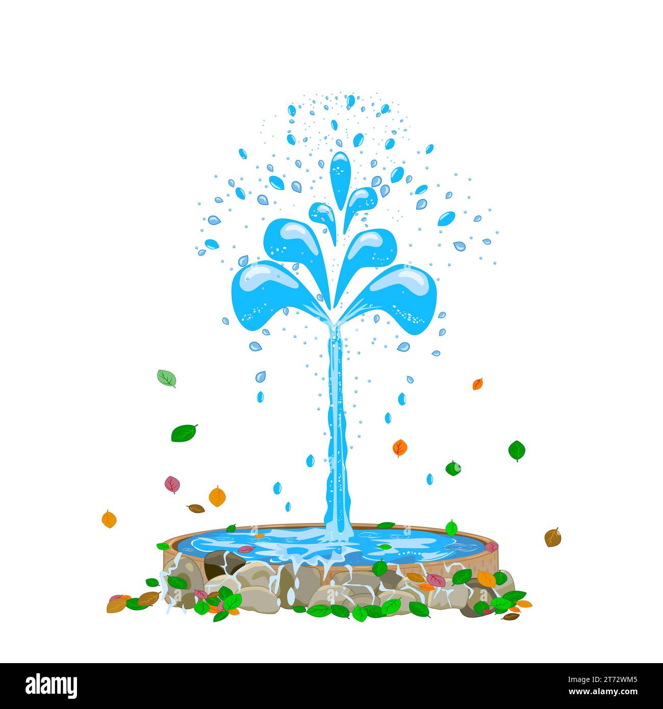 Water fountain on white background. Cartoon source with pure water stream. Street fountain aspiring upwards. Landscape design of square or park.Vector Stock Vector