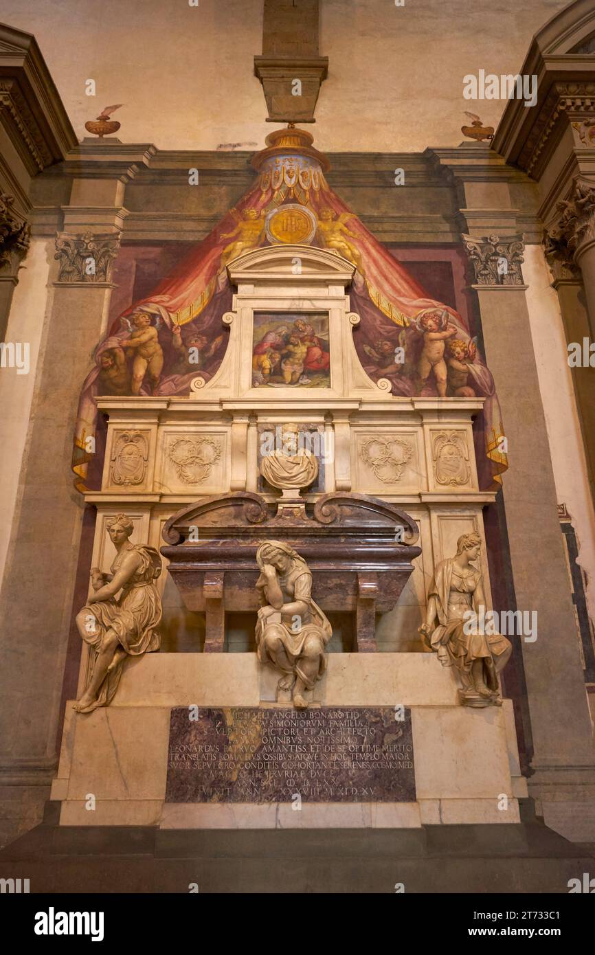 Florence, Italy: Santa Croce church, tomb of Michelangelo by Vasari, 1570 Stock Photo