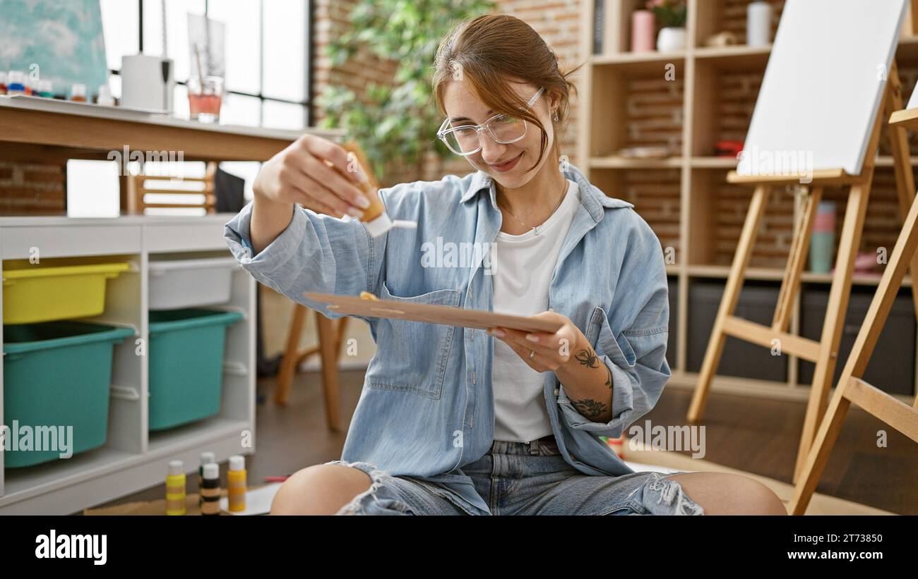 Young woman artist sitting on floor pouring color on palette smiling at ...