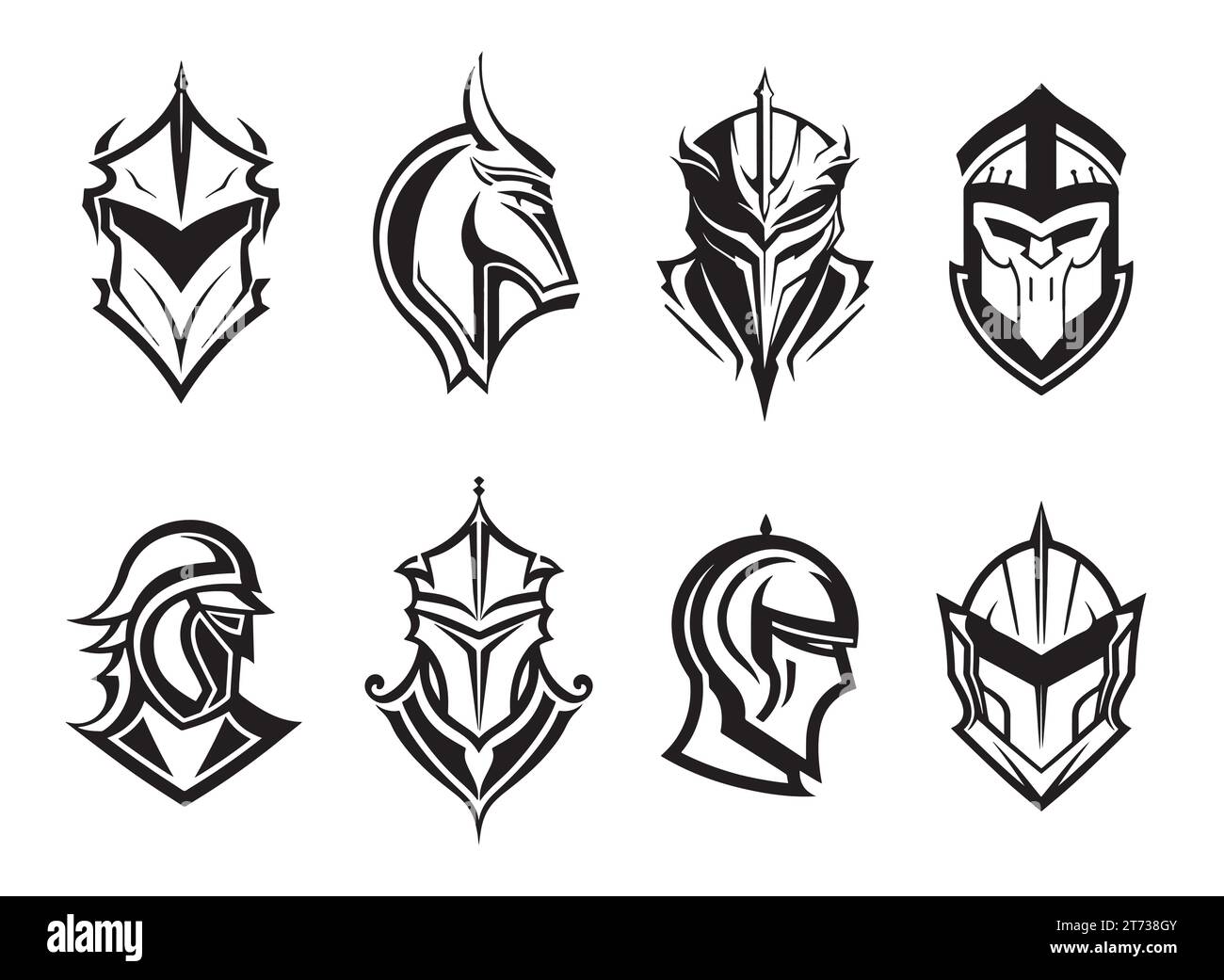 Warrior helmets black icons or logos set. Knight armor, vector