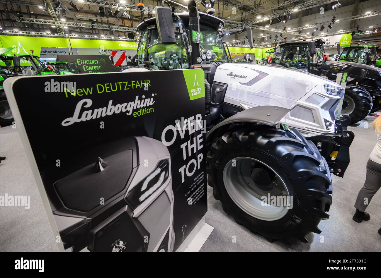 Hanover, Germany. 13th Nov, 2023. A tractor in a Lamborghini edition stands at the Deutz-Fahr stand at the leading agricultural machinery trade fair Agritechnica. The organizer, the German Agricultural Society, is expecting around 400,000 visitors from all over the world until 18 November. Credit: Julian Stratenschulte/dpa/Alamy Live News Stock Photo