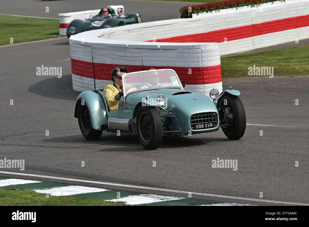 Lotus Seven, 75 Years of Lotus, a parade of cars from the first Austin 7 derivative to the iconic JPS Formula 1 cars with sports cars and trend settin Stock Photo