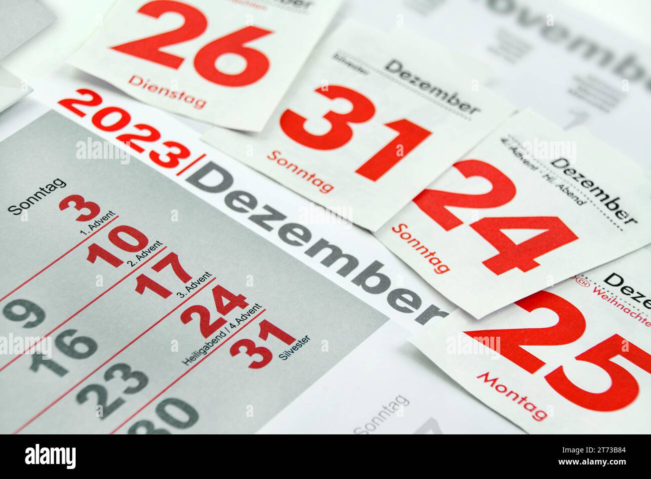 German calendar 2023 December Christmas Holidays, Advent, New Years Eve, Christmas Eve and Monday Tuesday Sunday Stock Photo