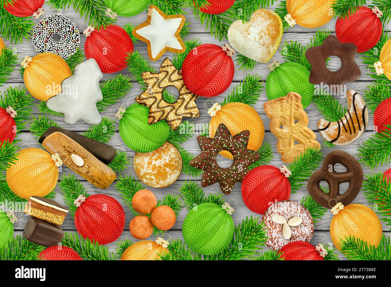 Various Christmas sweets and cookies with fir branches and balls against wooden background Stock Photo