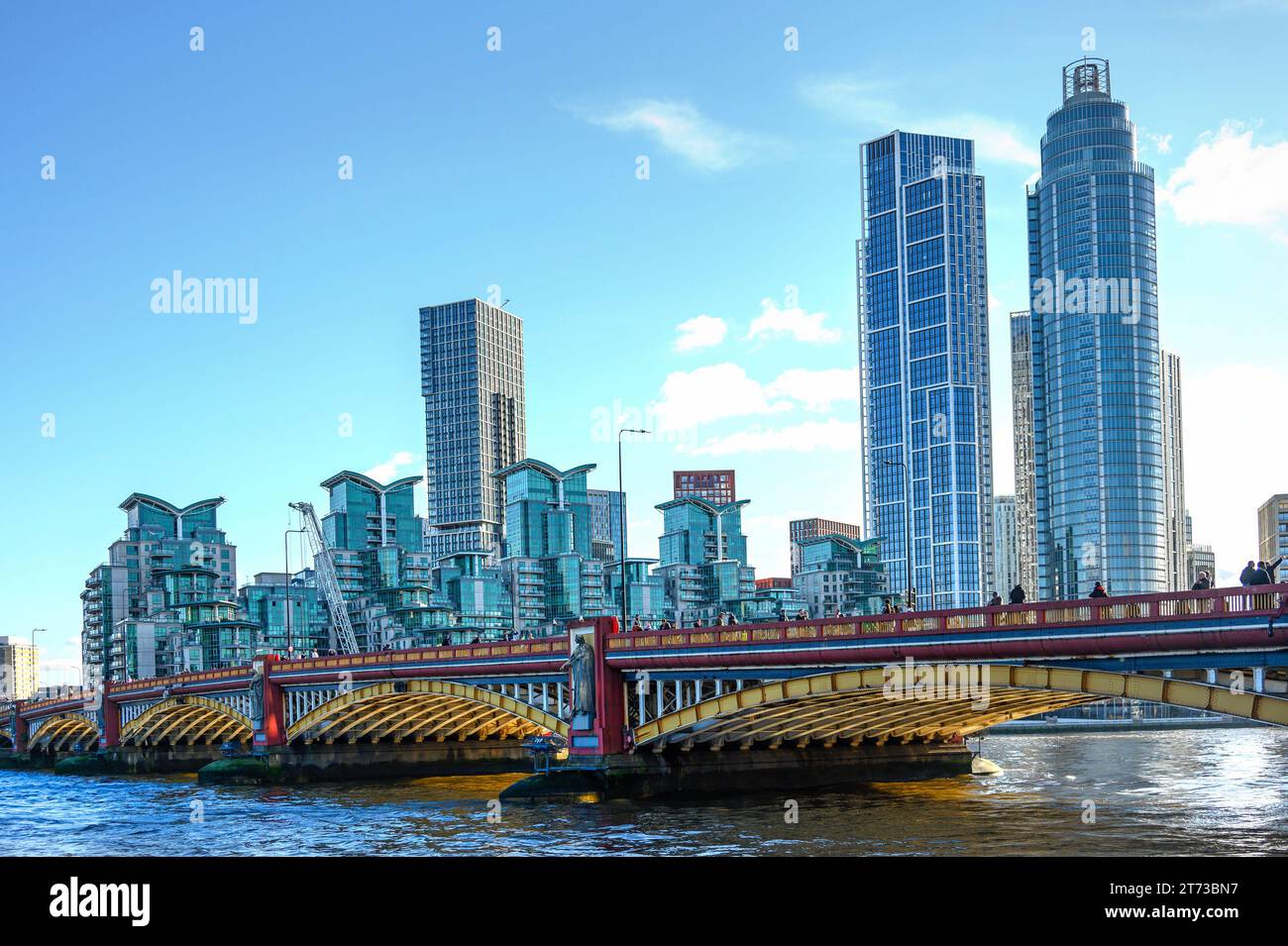 London, England, UK. Lambeth Bridge and commercial and residential development in Nine Elms / Vauxhall, seen from the north bank Stock Photo