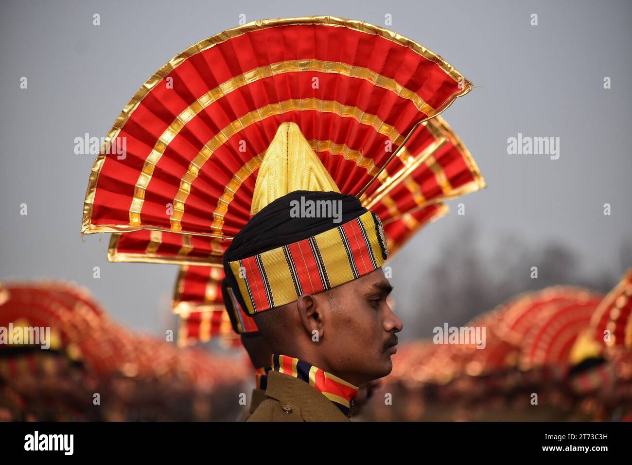 November 09,2023, Srinagar Kashmir, India : New recruits of the Indian Border Security Force (BSF) take part during a passing out parade in Humhama, on the outskirts of Srinagar. A total of 599 recruits were formally inducted into the BSF, an Indian paramilitary force, after completing 44 weeks of training in physical fitness, weapon handling, commando operations and counter insurgency, a BSF spokesman said. On November 09,2023, Srinagar Kashmir, India. (Photo By Firdous Nazir/Eyepix Group/Sipa USA) Stock Photo