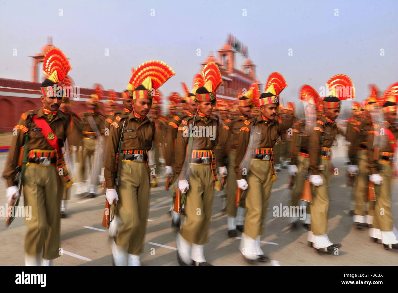 November 09,2023, Srinagar Kashmir, India : New recruits of the Indian Border Security Force (BSF) march as they take part during a passing out parade in Humhama, on the outskirts of Srinagar. A total of 599 recruits were formally inducted into the BSF, an Indian paramilitary force, after completing 44 weeks of training in physical fitness, weapon handling, commando operations and counter insurgency, a BSF spokesman said. On November 09,2023, Srinagar Kashmir, India. (Photo By Firdous Nazir/Eyepix Group/Sipa USA) Stock Photo
