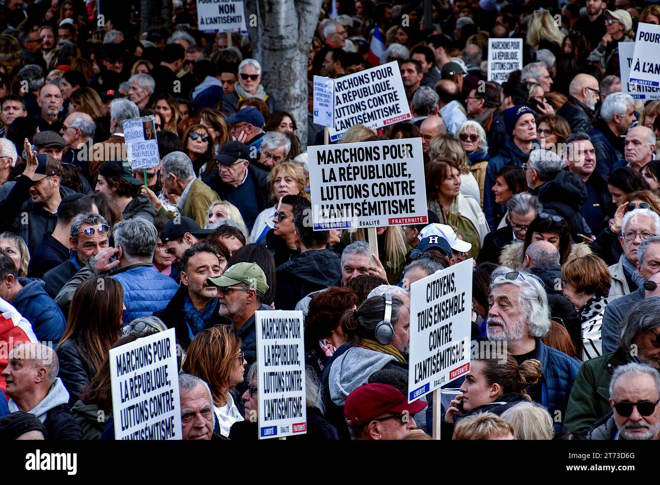 Marseille, France. 12th Nov, 2023. Protesters hold placards during the demonstration. More than 7,500 people gathered in Marseille during the anti-Semitism protest. Anti-Semitic acts have increased in France following the October 7, 2023 attack by Palestinians from the militant group Hamas on Israel and subsequent Israeli bombings of the Gaza Strip. Credit: SOPA Images Limited/Alamy Live News Stock Photo