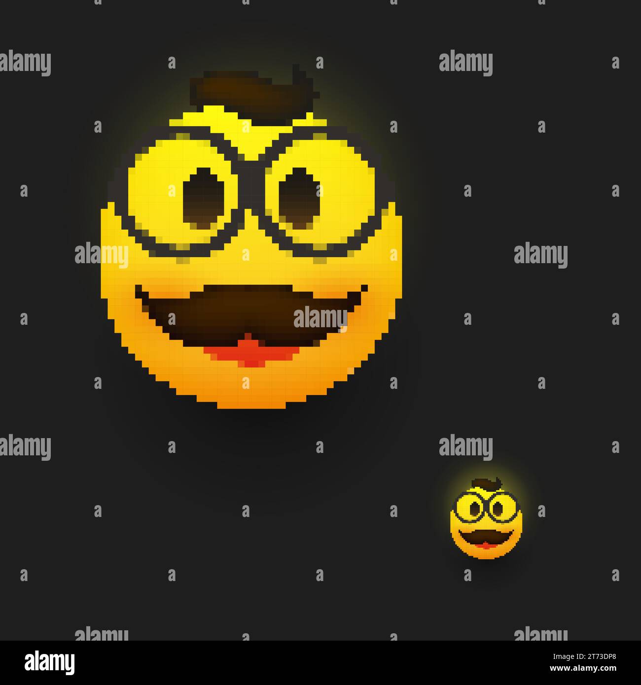 Smiling Emoji - Simple Happy Male Emoticon with Glasses, Hair and Mustache on Yellow Background - Pixelated Flat Vector Design for Web and Apps - Pixe Stock Vector