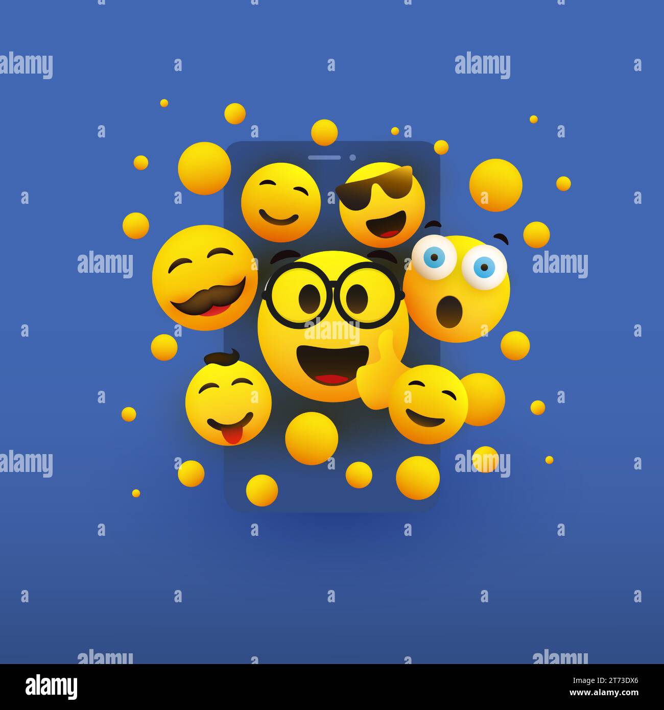 Many Faces, Various Emoticons - Lots of Laughing, Smiling, Surprised Face, Yellow Emoji Beyond a Smart Phone Screen - Instant Messaging, Social Media Stock Vector
