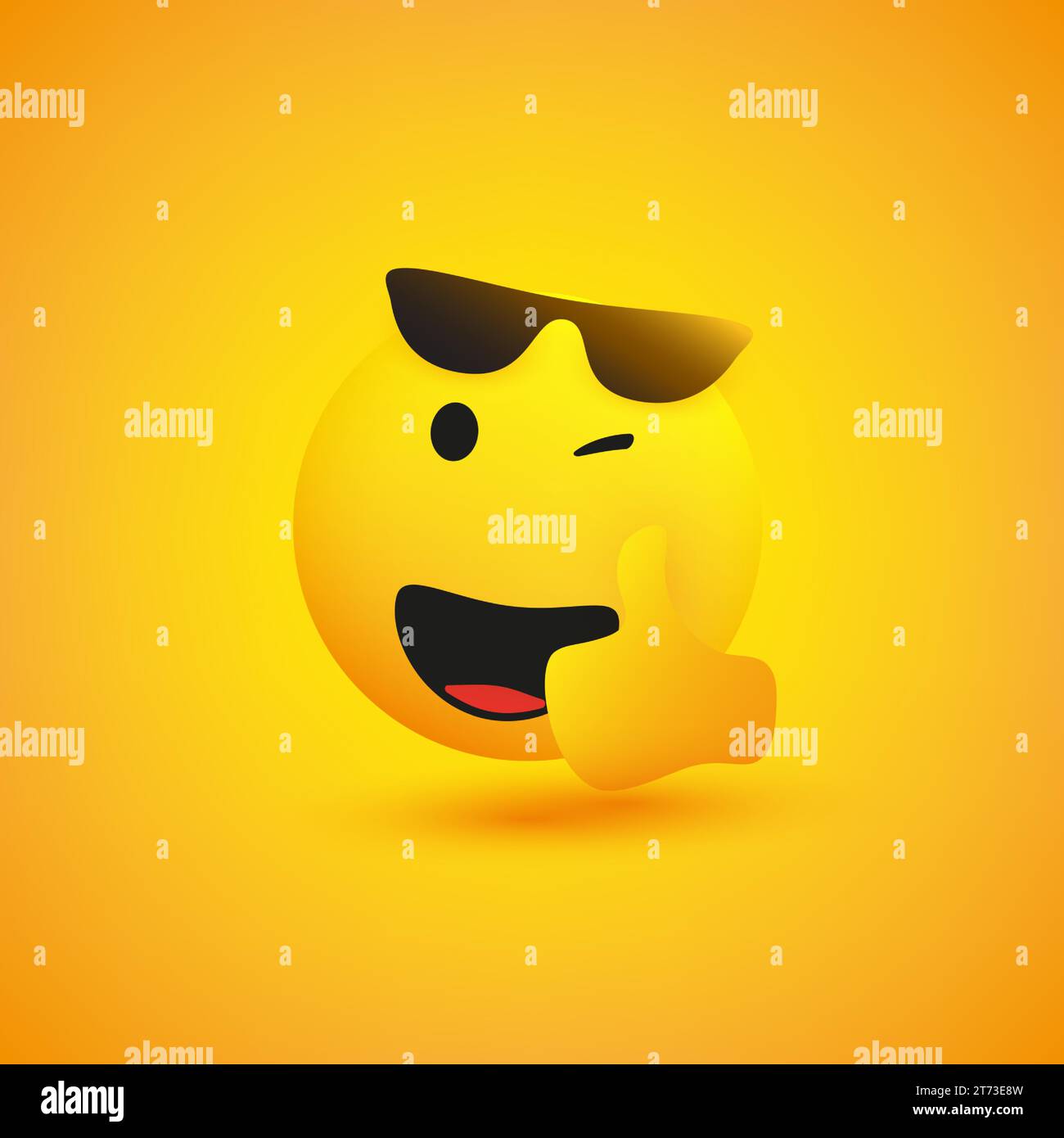 Smiling and Winking Emoji Wearing Sunglasses on the Top of His Head and Showing Thumbs Up - Simple Shiny Happy Ball Emoticon on Yellow Background Stock Vector