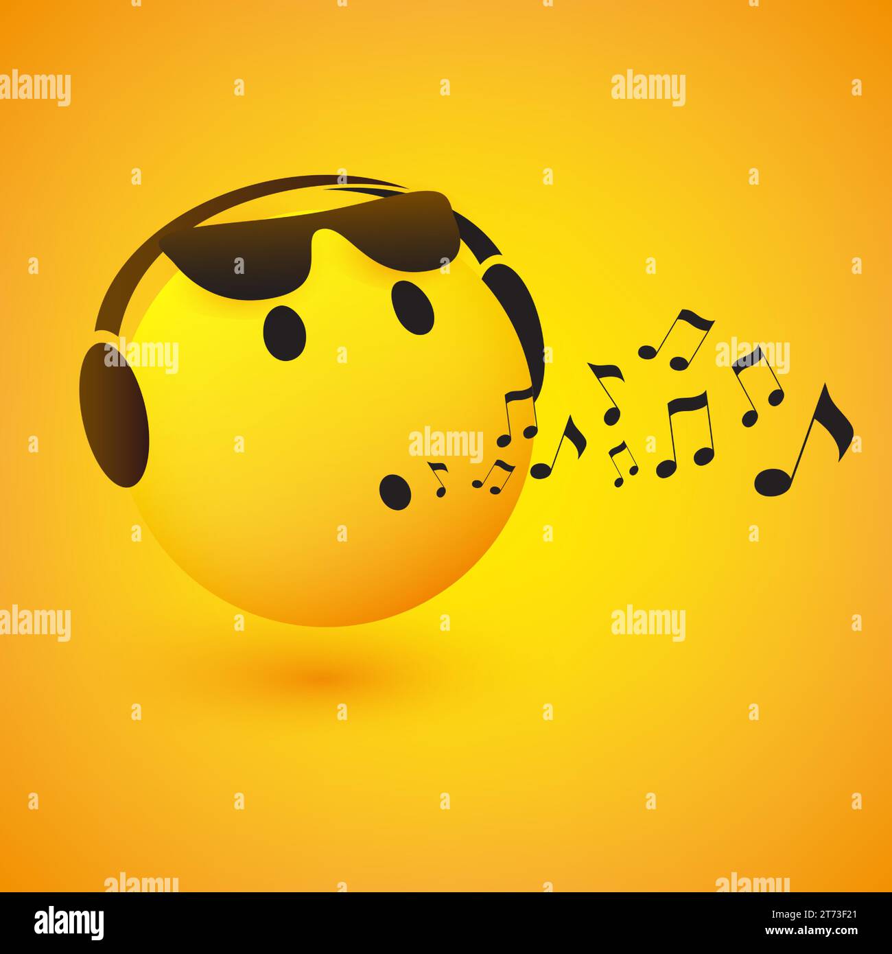 Singing or Whistling Happy Emoticon, Face With Sunglasses and Headphones on Yellow Background - Vector Design for Web and Instant Messaging Stock Vector
