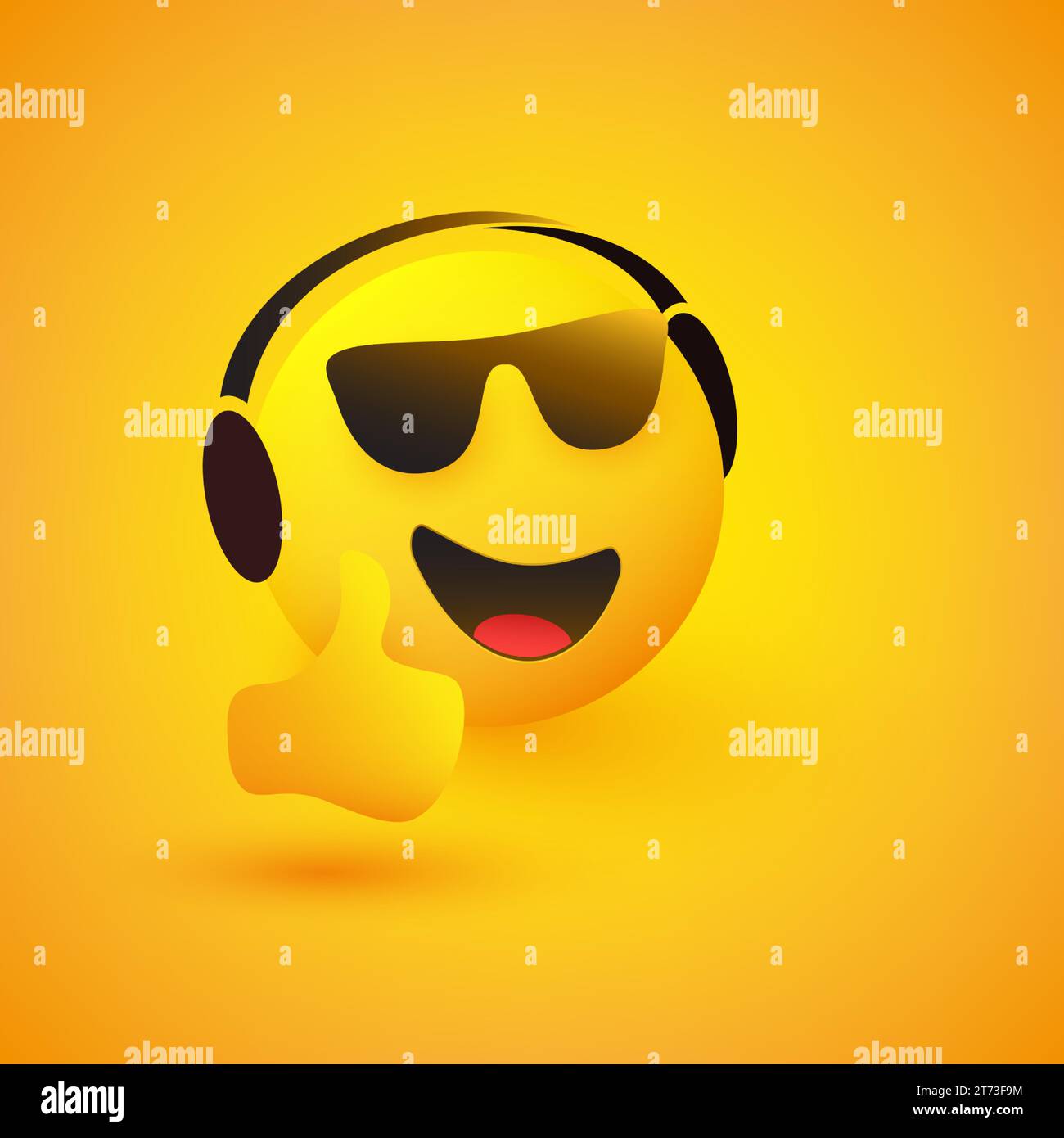 Smiling, Relaxing 3D Emoticon, Face With Sunglasses and Headphones, Showing Thumbs Up on Yellow Background - Listening to Music - Vector Design Concep Stock Vector