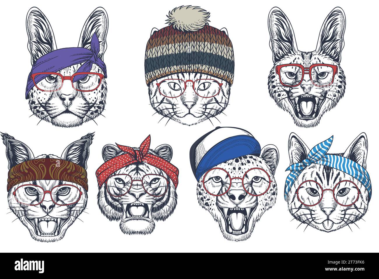 Vector Animal faces in aviator sunglasses, bandanas & hats with various