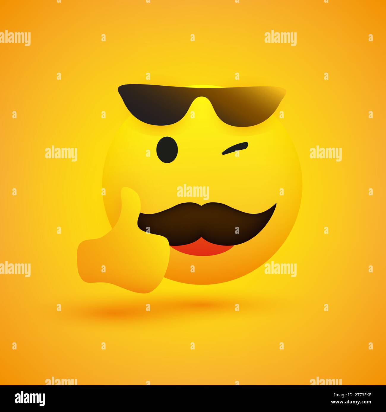 Smiling Emoji - Simple Happy Winking Yellow  Emoticon with Mustache and Sunglasses Showing Thumbs Up - Vector Design for Web and Instant Messaging App Stock Vector