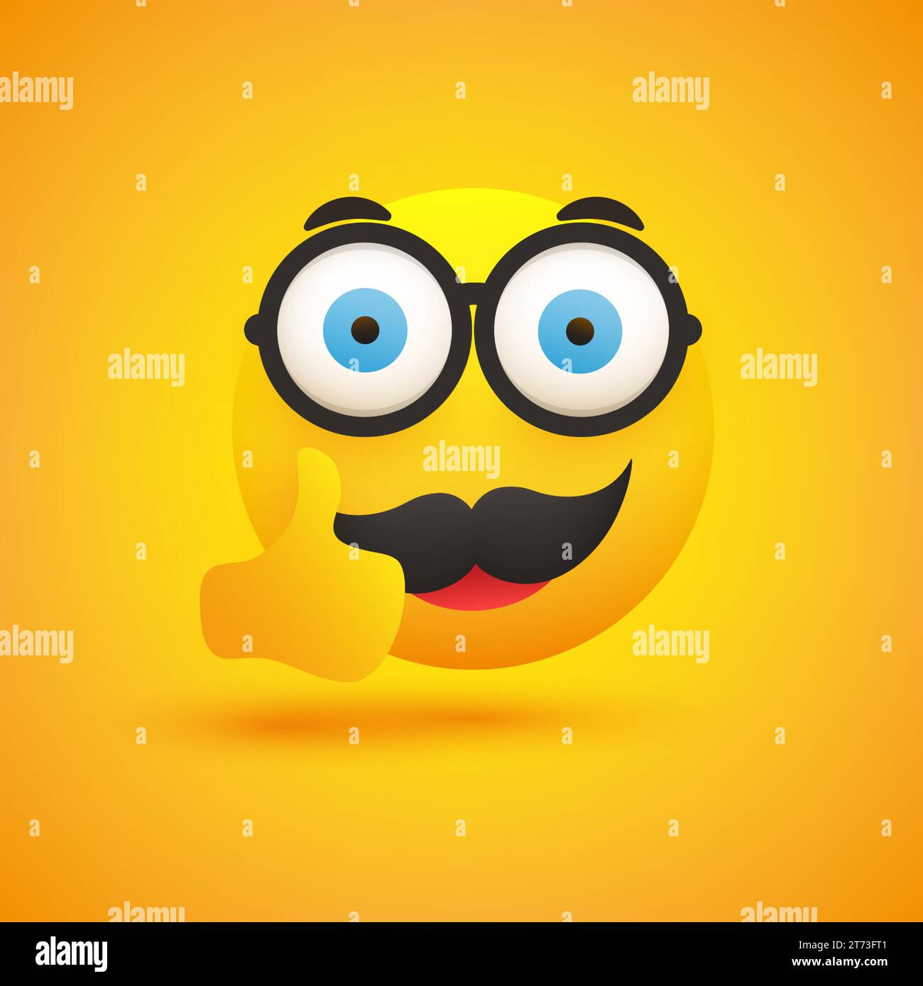 Smiling Nerd Emoji - Simple Happy Male Emoticon with Glasses and Mustache Showing Thumbs Up on Yellow Background - Vector Design for Web and Instant M Stock Vector