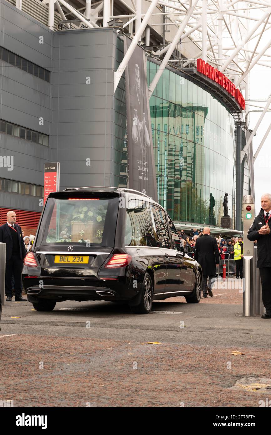 Funeral procession of Sir Bobby Charlton in front of Old Trafford