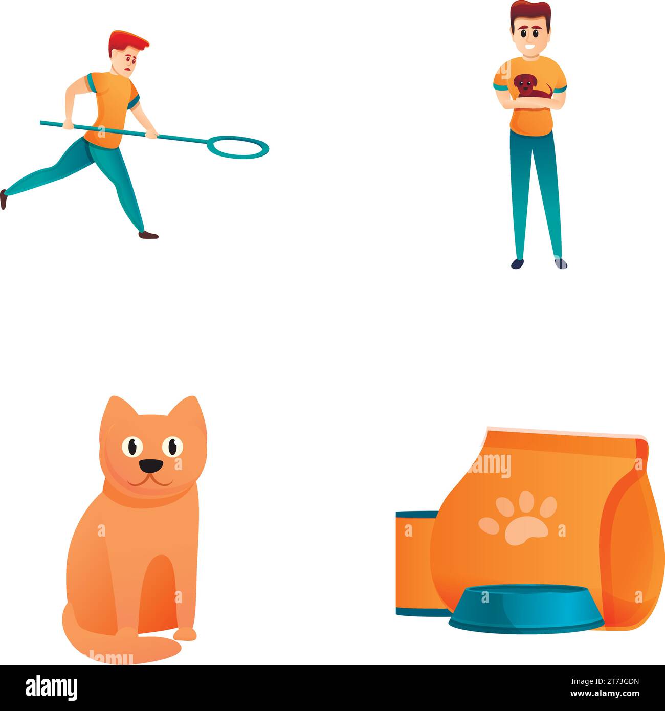 Animal capture icons set cartoon vector. Young man with net cat and dog